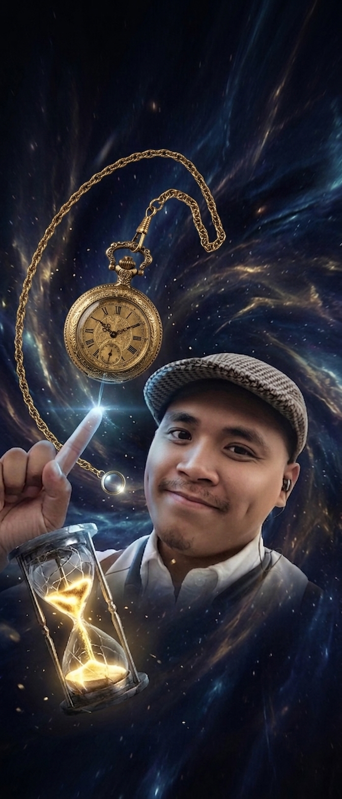 Tetra reaching toward a floating pocket watch while holding a glowing hourglass